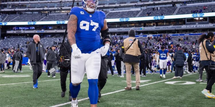 Dexter Lawrence II #97 of the New York Giants walks off the field at the end of the game at MetLife Stadium, Sunday, Dec. 21, 2025, in East Rutherford, New Jersey.
