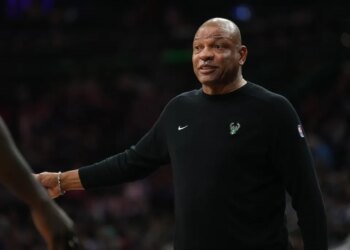 Milwaukee Bucks head coach Doc Rivers reacts against the Philadelphia 76ers in the third quarter at Xfinity Mobile Arena.