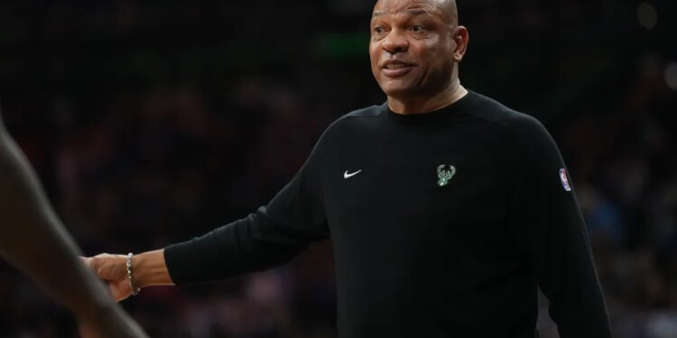 Milwaukee Bucks head coach Doc Rivers reacts against the Philadelphia 76ers in the third quarter at Xfinity Mobile Arena.