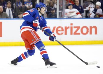 New York Rangers defenseman Drew Fortescue is seen on the ice against the Florida Panthers in the first period at Madison Square Garden. New York, USA, Sunday, March 29, 2026.