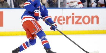 New York Rangers defenseman Drew Fortescue is seen on the ice against the Florida Panthers in the first period at Madison Square Garden. New York, USA, Sunday, March 29, 2026.
