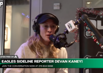 Eagles Sideline Reporter Devan Kaney in a 94WIP studio.