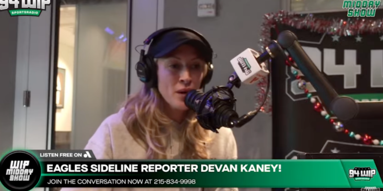 Eagles Sideline Reporter Devan Kaney in a 94WIP studio.