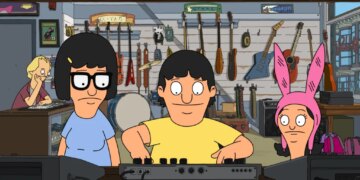 Illustration of Tina, Gene, and Louise from Bob's Burgers inside a music store, with Gene playing a sound mixer.