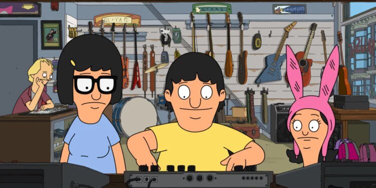 Illustration of Tina, Gene, and Louise from Bob's Burgers inside a music store, with Gene playing a sound mixer.