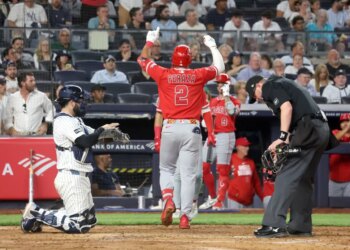 Oswald Peraz celebrates after rounding the bases on his solo home run in the fourth inning of the Yankees' 7-1 loss to the Angels on April 14, 2026 at the Stadium.
