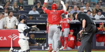 Oswald Peraz celebrates after rounding the bases on his solo home run in the fourth inning of the Yankees' 7-1 loss to the Angels on April 14, 2026 at the Stadium.