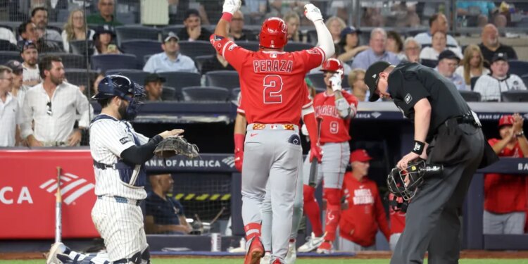 Oswald Peraz celebrates after rounding the bases on his solo home run in the fourth inning of the Yankees' 7-1 loss to the Angels on April 14, 2026 at the Stadium.