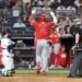 Oswald Peraz celebrates after rounding the bases on his solo home run in the fourth inning of the Yankees' 7-1 loss to the Angels on April 14, 2026 at the Stadium.