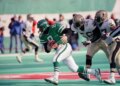 New York Jets quarterback Browning Nagle running from Saints Pat Swilling and Rickey Jackson.