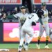 Second baseman Jeff McNeil throws to first to complete a double play after orcing out Jazz Chisholm Jr. during the sixth inning of the Yankees' 5-3 win over the A's on April 7, 2026 at the Stadium.