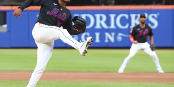 New York Mets pitcher Freddy Peralta (51) pitches in the first inning when the New York Mets played the Colorado Rockies Friday, April 24, 2026 at Citi Field
