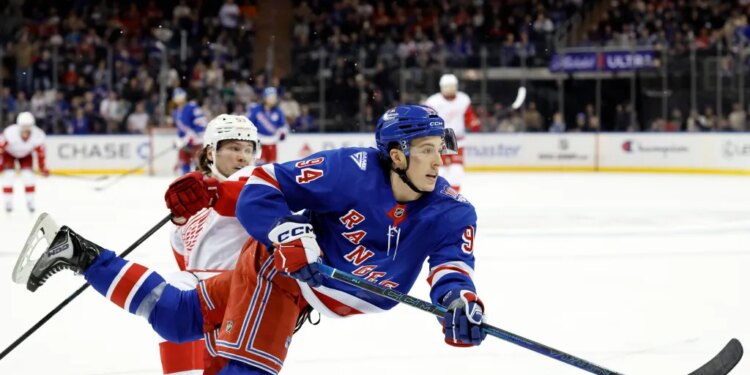 Gabe Perreault #94 of the New York Rangers scores a goal during the third period at Madison Square Garden, Saturday April 4th, 2026, in New York, NY.