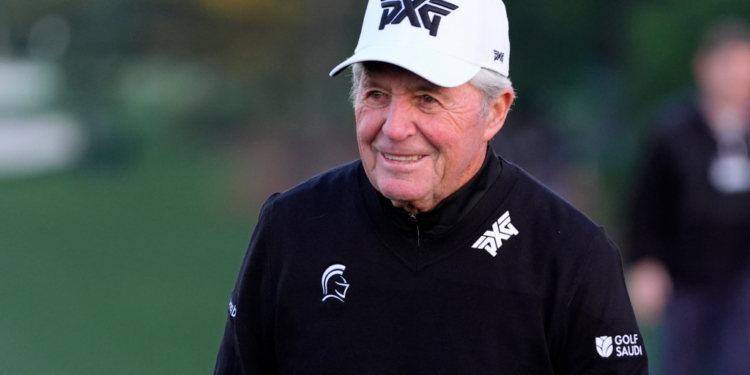 Gary Player reacting after teeing off at the Masters Tournament.