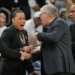 South Carolina head coach Dawn Staley and UConn head coach Geno Auriemma arguing after a women's NCAA college basketball tournament semifinal game.