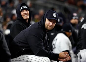 Gerrit Cole in the New York Yankees dugout.