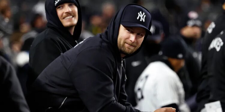 Gerrit Cole in the New York Yankees dugout.
