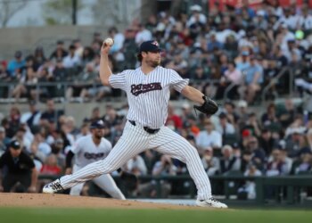 Gerrit Cole throwing during his rehab start in Double-A on April 17, 2026.