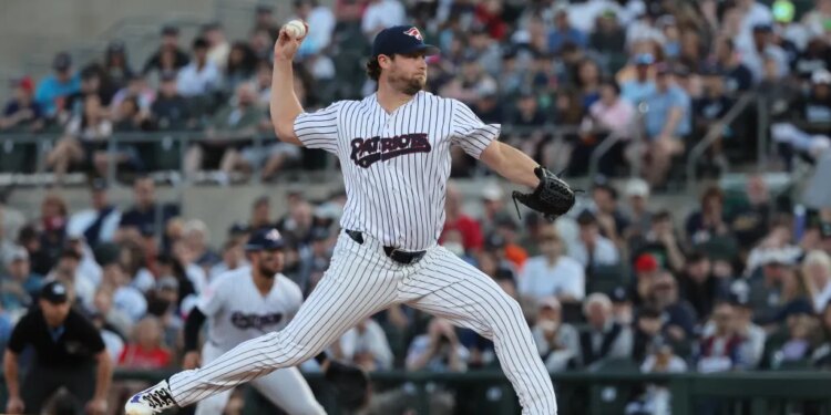 Gerrit Cole throwing during his rehab start in Double-A on April 17, 2026.