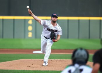 Gerrit Cole pitching during his rehab outing with Double-A Somerset on April 17, 2026.