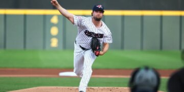 Gerrit Cole pitching during his rehab outing with Double-A Somerset on April 17, 2026.