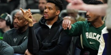 Milwaukee Bucks' Giannis Antetokounmpo gestures from the bench.