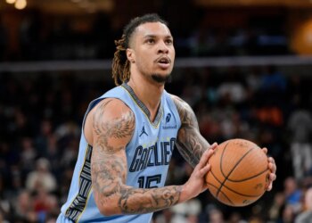 Memphis Grizzlies forward Brandon Clarke shoots a free throw.