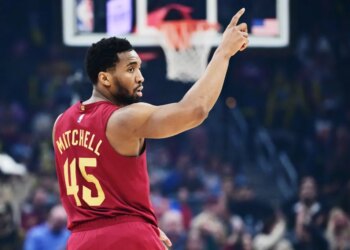 Cleveland Cavaliers guard Donovan Mitchell (45) reacts after a play.