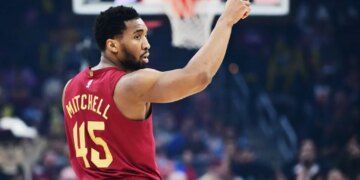 Cleveland Cavaliers guard Donovan Mitchell (45) reacts after a play.
