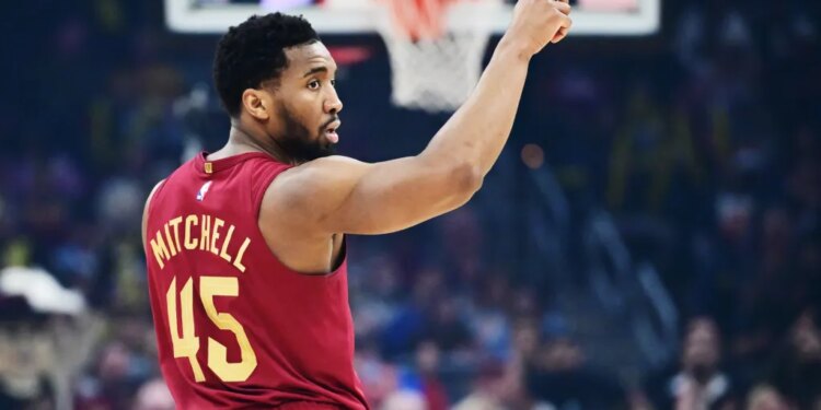 Cleveland Cavaliers guard Donovan Mitchell (45) reacts after a play.