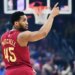 Cleveland Cavaliers guard Donovan Mitchell (45) reacts after a play.