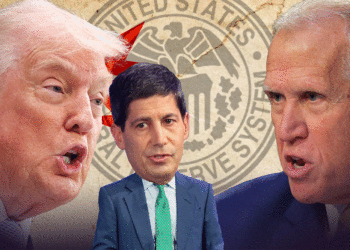 Illustration depicting Donald Trump, Kevin Warsh, and Joe Biden against a backdrop of the Federal Reserve System seal.