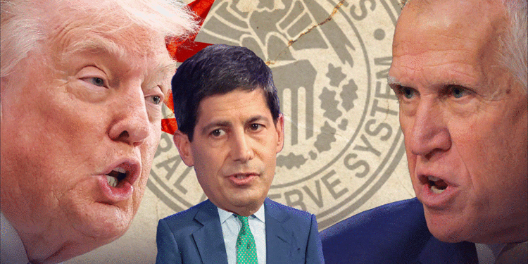 Illustration depicting Donald Trump, Kevin Warsh, and Joe Biden against a backdrop of the Federal Reserve System seal.
