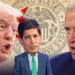 Illustration depicting Donald Trump, Kevin Warsh, and Joe Biden against a backdrop of the Federal Reserve System seal.