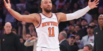 Jalen Brunson, who scored 28 points, reacts during his 19-point first quarter in the Knicks' 113-102 Game 1 win over the Hawks on April 18, 2026 at Madison Square Garden.