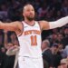 Jalen Brunson, who scored 28 points, reacts during his 19-point first quarter in the Knicks' 113-102 Game 1 win over the Hawks on April 18, 2026 at Madison Square Garden.