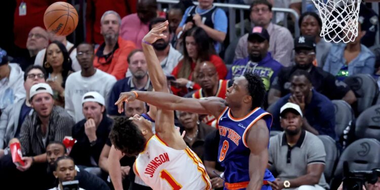 OG Anunoby blocks Jalen Johnson's shot during the third quarter of the Knicks' 114-98 Game 4 win over the Hawks on April 25  2026 in Atlanta.