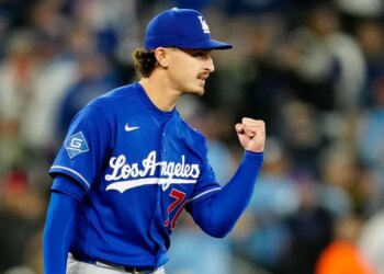 Justin Wrobleski in a blue Los Angeles Dodgers uniform with a raised fist.