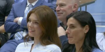 Mike Malone's daughter Bridget (L) and his wife Jocelyn (R) at his introductory press conference after taking the head coach job at UNC on April 7, 2026.