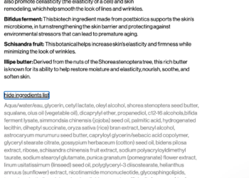 The ingredient list of the Youth Boost NAD+ Peptide Rich cream.