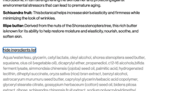 The ingredient list of the Youth Boost NAD+ Peptide Rich cream.