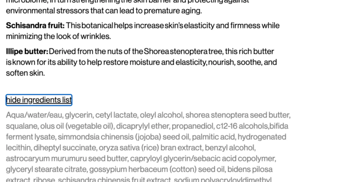 The ingredient list of the Youth Boost NAD+ Peptide Rich cream.