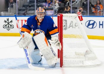 New York Islanders goaltender Semyon Varlamov (40) looks on during the second period against the Montreal Canadiens at UBS Arena, Saturday, Oct. 19, 2024, in Elmont, NY.
