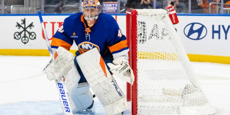 New York Islanders goaltender Semyon Varlamov (40) looks on during the second period against the Montreal Canadiens at UBS Arena, Saturday, Oct. 19, 2024, in Elmont, NY.
