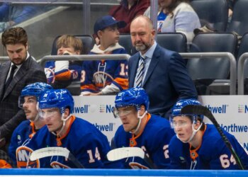 New York Islanders head coach Peter DeBoer looks on during the third period against the Ottawa Senators at UBS Arena, Saturday, April 11, 2026, in Elmont, NY.