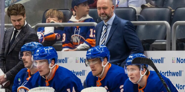 New York Islanders head coach Peter DeBoer looks on during the third period against the Ottawa Senators at UBS Arena, Saturday, April 11, 2026, in Elmont, NY.