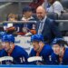 New York Islanders head coach Peter DeBoer looks on during the third period against the Ottawa Senators at UBS Arena, Saturday, April 11, 2026, in Elmont, NY.