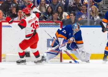 Felix Unger Sorum celebrates after scoring a goal on David Rittich during the first period of the Islanders' season-ending 2-1 loss to the Hurricanes on April 14, 2026 at UBS Arena.