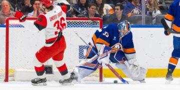 Felix Unger Sorum celebrates after scoring a goal on David Rittich during the first period of the Islanders' season-ending 2-1 loss to the Hurricanes on April 14, 2026 at UBS Arena.