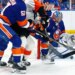 New York Islanders goaltender Ilya Sorokin (30) makes a save against the Philadelphia Flyers during the second period of an NHL hockey game, Friday, April 3, 2026 in Elmont, N.Y.